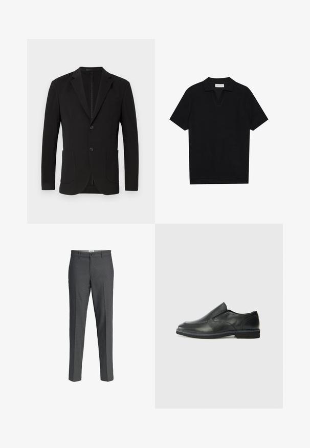 Must mustriga mustriga, kahe külje taskuga, rinna taskuga ja nööpiga kinnitusega. Sile kangas matta viimistlusega.; Must päikesepolo särk mustas värvitoonis, valmistatud tekstuurses ribakangas, millel on V-kaelus ja sirge äär. Ilma nähtavate logode või mustriteta.; Hallid hallid püksid otse lõikega, valmistatud siledast kangast. Omab nupuväärist ja kahte esist taskut.; Must musta laia suuga king, millel on sile ülemine osa, õmmeldud detailid, ümmargune nina ja madal kummist konts. Tallal on minimaalne mustr.