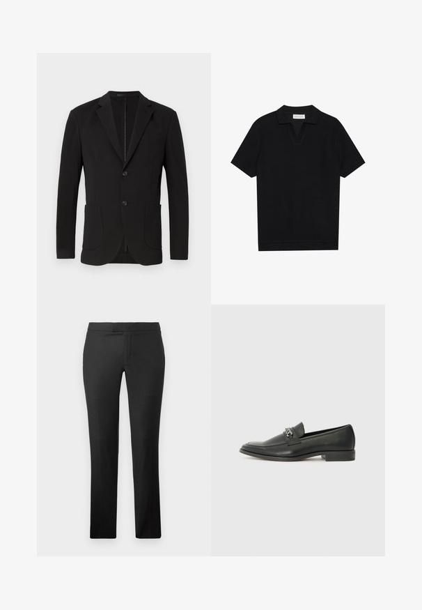 Czarny żakiet o dopasowanym kroju, z klapami, dwoma kieszeniami z przodu, kieszenią na piersi i zapięciem na guzik. Gładka tkanina o matowym wykończeniu.; Czarna koszulka polo z krótkim rękawem, wykonana z teksturowanej, prążkowanej tkaniny, z dekoltem w kształcie litery V i prostym zakończeniem. Bez widocznych logo ani wzorów.; Czarne spodnie o prostym kroju wykonane z gładkiego materiału, z płaskim przodem, bez widocznych kieszeni i czystym fasonem pasa.; Czarne skórzane mokasyny o gładkim wykończeniu, z haftowanym wzorem i dekoracyjnym akcentem z metalowego łańcucha na wierzchu. Płaska pięta.
