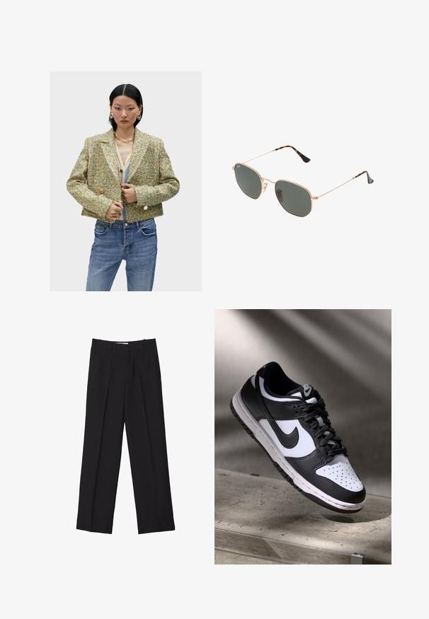 Przycięta marynarka z tweedu o wielokolorowej fakturze, duże klapy, dwa guziki i boczne kieszenie, w połączeniu z beżową bluzką i dżinsami.; Biała bluzka z długim rękawem o szerokim dekolcie, z bocznymi rozcięciami i gładkiego, lekkiego materiału, charakteryzująca się prostym, minimalistycznym designem.; Czarne spodnie o dopasowanym kroju ze prostymi nogawkami, z podwójnymi zaszewkami, gładką teksturą oraz subtelnymi detalami w postaci szwów z przodu.; Czarno-białe sneakersy Nike Dunk Low z cholewką skórzaną, perforowanym noskiem i czarnymi sznurowadłami, z białą podeszwą i akcentami logo.; Złote okulary przeciwsłoneczne w stylu aviatora z ciemnozielonymi soczewkami, z wąskimi ramionami i akcentami w panterkę na końcach.; Szara tkana torba w kształcie trójkąta, z jednym paskiem i teksturowaną powierzchnią, zamykana na zamek, z równomiernym wzorem na całej powierzchni.