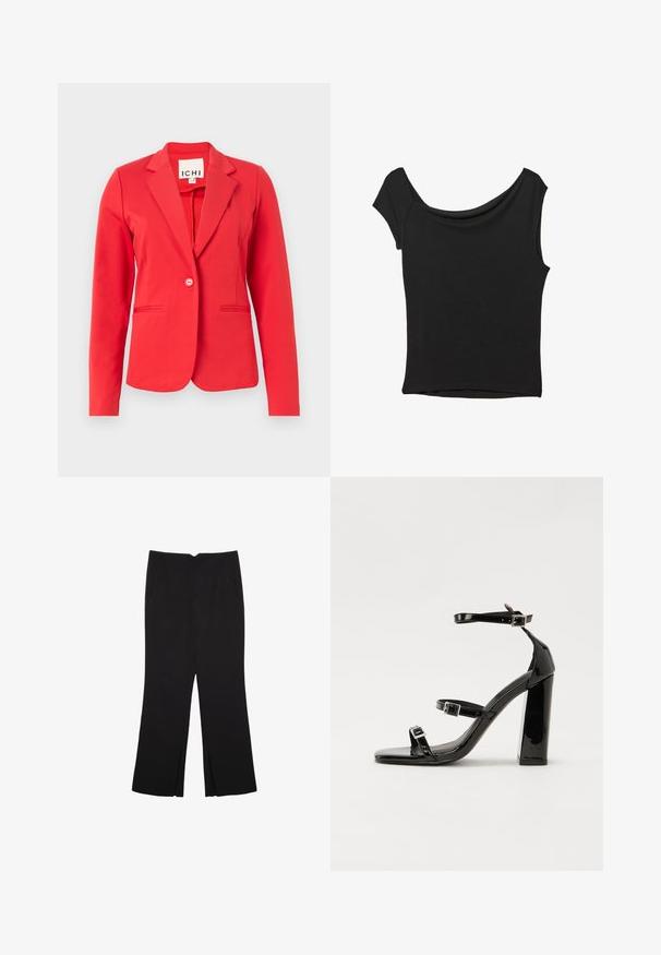 Rdeča blazerjak z estrukturnim designom, zapiranje na en gumb, dvema sprednjima žepoma in gladko teksturo tkanine. Oznaka vidna znotraj ovratnika.; Črna kratka majica s kratkimi rokavi iz gladkega blaga; ima drapiran izrez in asimetrično spodnjo rob, s prilegnjenim telesom.; Črne hlače ravnega kroja z naglavnimi žepi in stranskimi razporki na robu. Narejene iz mehke, gladke tkanine. Primerne za različne priložnosti.; Črne lakirane sandale s peto, kvadratnim prstom, trakovi okrog gležnja in srebrnimi zaponkami. Opremljene so s stabilno Debelo peto.