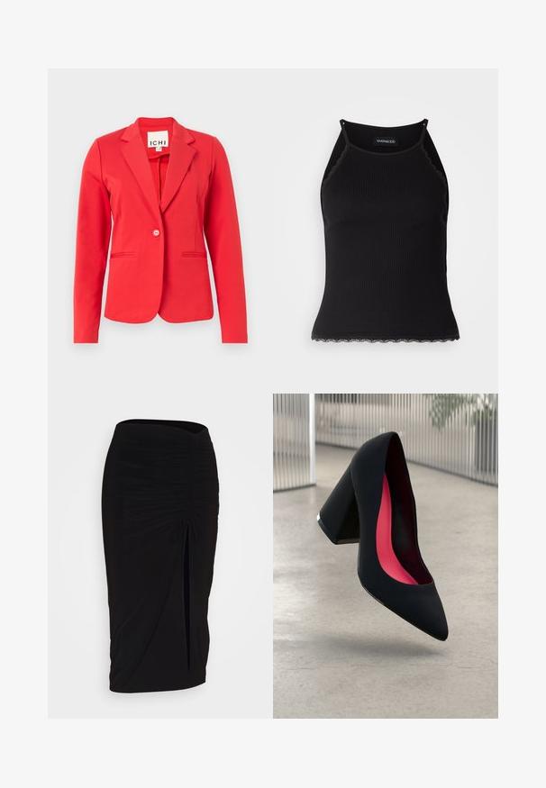 Sarkanais bleizeris ar strukturētu dizainu, vienu pogu aizdari, divām frontālām kabatām un gludu auduma tekstūru. Tag var redzēt iekšējā apkaklītē.; Melna ribota topiņa ar izšūtu mežģīņu apdari apakšmalā. Iezīmē plānas siksniņas un pielāgotu piegriezumu. Izgatavota no stiepjama auduma.; Melna, ručām veidota zīda svārku ar saišu detaļu un sānu izgriezumu. Izgatavota no elastīga auduma, ar gludu tekstūru un pieguļošu dizainu.; Melna augsta papēža kurpe ar smailu purngalu, teksturētu virsmu un dzīvespriecīgu rozā interjeru. Satur masīlu papēdi ar sudraba akcentu.