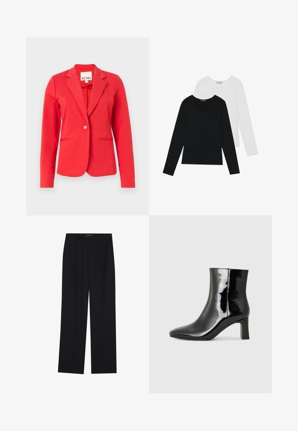 Sarkanais bleizeris ar strukturētu dizainu, vienu pogu aizdari, divām frontālām kabatām un gludu auduma tekstūru. Tag var redzēt iekšējā apkaklītē.; Divi ilgiem piedurknēm tops, viens melns un otrs balts, abiem ir kvadrāta izgriezums un tie ir izgatavoti no mīksta, elastīga auduma.; Melni bikses ar taisnu kāju dizainu, kurām ir divi priekšējie kabatas un jostasvieta. Izgatavotas no gludas, vieglas auduma.; Melnas patentētas ādas potīšu zābaki ar norādītu pirkstu un vidēja augstuma kvadrātveida papēdi. Gluda tekstūra un minimālisma dizains.