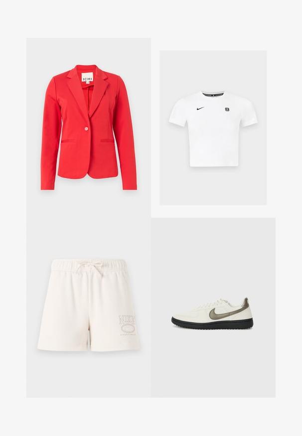 Sacou roșu cu un design structurat, închidere cu un singur buton, două buzunare frontale și textură de material neted. Eticheta este vizibilă în interiorul gulerului.; Tricou alb cu mânecă scurtă, cu guler rotund, logo-ul negru Nike pe pieptul stâng și o etichetă grafică în interiorul gulerului.; Pantaloni scurți din bumbac bej deschis, cu talie elastică, șnur ajustabil și logo-ul "NIKE SPORTSWEAR" imprimat în maro deschis pe lateral.; Nike Sportswear FIELD GENERAL - Sneakers low - off-white/black