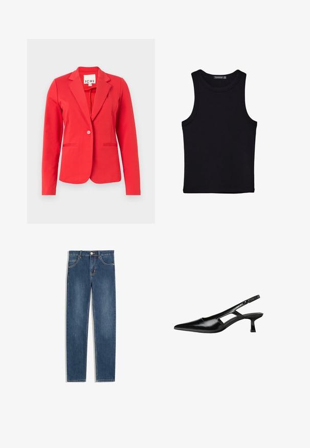 Crvena blazer jakna sa strukturnim dizajnom, jednim dugmetom, dva prednja džepa i glatkom teksturom tkanine. Oznaka vidljiva unutar ovratnika.; Crni top bez rukava od pamuka, s okruglim izrezom i širokim izrezima za ruke. Glatka tekstura s ušivenim rubovima. Klasičan, minimalistički dizajn.; Tamno plave traperice sa ravnim krojem, pet džepova, suptilnim detaljima u šivanju i metalnim gumbom u struku.; Crne lakirane natikače na remenčić sa špicastim nosom, dizajnom sa izrezima sa strane i malim kvadratnim potplatom. Glatka tekstura s minimalnim akcentima.