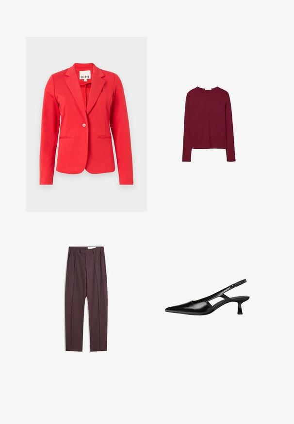 Blazer rosso con un design strutturato, chiusura a un bottone, due tasche frontali e una texture di tessuto liscia. Etichetta visibile all'interno del colletto.; Top lungo bordeaux a maniche lunghe con scollo rotondo, realizzato in tessuto morbido. Presenta un design aderente e orlo dritto. Nessun motivo o dettaglio visibile.; Pantaloni a righe viola con plissettature, caratterizzati da un vita alta e un design dritto. Realizzati in un tessuto liscio e con texture.; Tacchi slingback in pelle verniciata nera con punta affusolata, design con tagli laterali e tacco quadrato piccolo. Texture liscia con dettagli minimi.