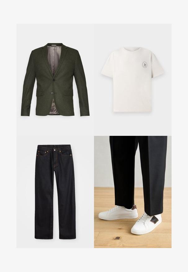 Lindbergh Suknjič - dark army mottled; Majica s kratkimi rokavi svetle bež barve, izdelana iz bombaža. Ima okroglo izrezovanje in črno krožno grafiko s simbolom na levem prsnem delu.; Moške črne kavbojke ravnega kroja z petimi žepi in oranžnim šivanjem, z gumbom in zadrgo na sprednjem pasu.; Beli športni copati z gladko teksturo, okrašeni z rjavimi usnjenimi detajli in črnimi poudarki, v kombinaciji s črnimi krojenimi hlačami. Ozadje iz lesenih tal.