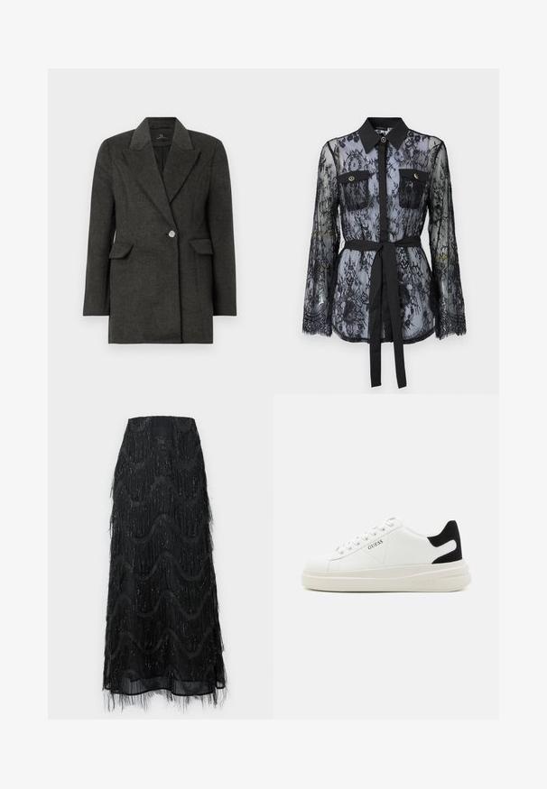 Tamsiai pilkas vieno mygtuko švarkas su plačiais atvartais ir kišenėmis, pritaikyta forma ir ilgomis rankovėmis, ant baltos fono.; Juodas nėrinių palaidinė su ilgomis rankovėmis, sagomis ant krūtinės kišenių, klasikinė apykaklė ir audinys diržas, surištas ties liemeniu. Permatomas dizainas.; Juodas midi sijonas su sluoksniais frizais ir bangų raštais. Pagamintas iš permatomo medžiagos su blizgučiais pareiškimais palei kraštus.; Baltos odinės sportbačiai su storu baltu padu, juodu nubuko kulno akcentu ir iškilmingu logotipu šone. Su raišteliais, turinčiais šešis akinius.