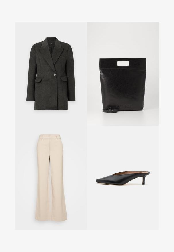 Czarna szara marynarka na jeden guzik z szerokimi klapami i kieszeniami z klapami, dopasowany krój oraz długie rękawy na jednolitym białym tle.; Biała, długosleeve'owa koszula z kołnierzykiem, wykonana z bawełny. Posiada zapięcie na guziki z przodu oraz jedną kieszeń na piersi. Gładka tekstura, luźny krój.; Beżowe spodnie szerokie z gładką strukturą, z wysokim stanem i dwoma przednimi kieszeniami. Czysty design o dopasowanym kroju.; Czarne skórzane klapki z ostro zakończonym noskiem i niskim, prostokątnym obcasem. Gładka faktura z eleganckim wzornictwem. Otwarty tył z minimalnymi detalami.; Czarna skórzana torba na ramię z kwadratowym uchwytem, z teksturowanym wykończeniem i wytłoczonym logo. Zawiera odpinany pasek.