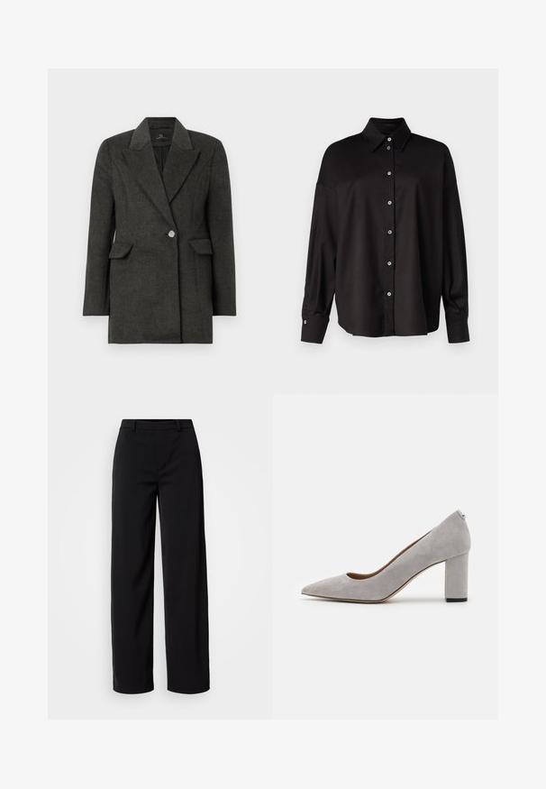 Dark gray single-button blazer with wide lapels and flap pockets, tailored fit, and long sleeves on a plain white background.; DRYKORN LYSILA - Button-down blouse - black; Black wide-leg trousers made of smooth fabric, featuring a classic waistband and a tailored silhouette with front pockets.; Gray suede pump with a pointed toe and a chunky heel. Features a smooth texture and a subtle heel accent for stability.