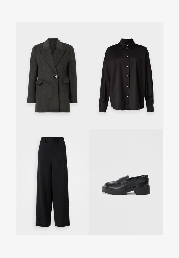 Mørkegrå ensfarget blazer med brede slag og klaffelommer, skreddersydd passform og lange ermer mot en helt hvit bakgrunn.; DRYKORN LYSILA - Skjortebluse - black; Sorte brede bukser laget av glatt stoff, med flat frontdesign, plisserte detaljer og beltehemper i midjen.; Sorte lærloafers med en teksturert overflate, med en rektangulær stropp over vampen og en kraftig, klumpete såle.