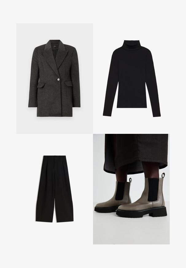 Tummanharmaa yksinappinen bleiseri, jossa on leveät kaulukset ja läppätaskut, muotonsa mukauttava malli ja pitkät hihat, valkoisella taustalla.; Musta poolalla pitkähihaisen pusero, joka on valmistettu ribbikankaasta, tarjoaa muotoilevan leikkauksen, jossa on korkea kaula-aukko eikä kuvioita tai koristeita.; Mustat leveät housut, jotka on valmistettu sileästä kankaasta, joissa on korkea vyötärö, etupuolella laskos ja ei näkyviä koristeita tai kuvioita.; Harmaat nilkkurit, jotka on valmistettu teksturoidusta nahasta ja joissa on joustavat sivupaneelit sekä paksu musta pohja. Varustettu vetoketjuilla, jotka helpottavat pukemista.