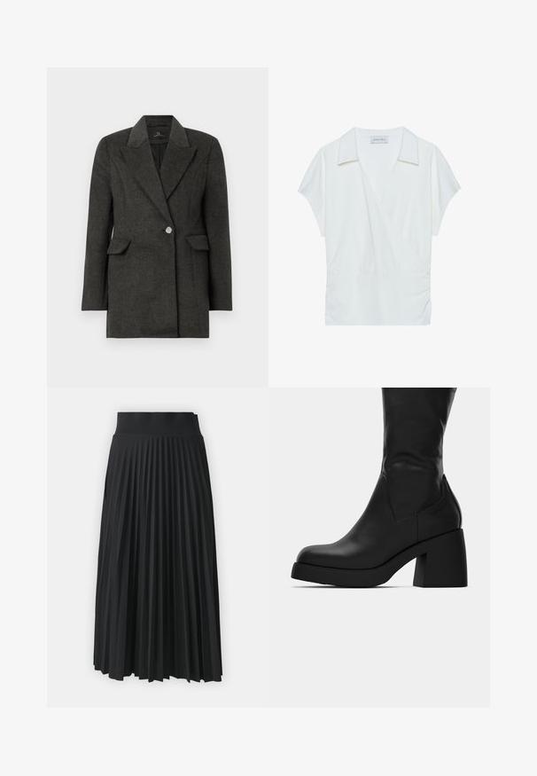 Blazer gris foncé à bouton unique avec larges revers et poches à rabat, coupe ajustée et manches longues sur un fond blanc uni.; Blouse à col blanc en tissu lisse, avec des manches courtes et des détails froncés à la taille pour une coupe décontractée.; Jupe plissée noire avec une large ceinture, présentant des plis verticaux uniformes. Texture lisse avec un design fluide.; Botte en cuir noire mi-mollet avec un large talon bloc et un bout arrondi, montrant le profil latéral sur fond blanc.