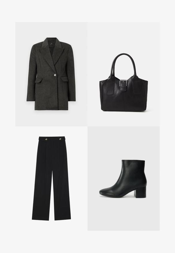 Blazer cinza escuro de botão único com lapelas largas e bolsos com aba, ajuste cortado e mangas longas, em fundo branco liso.; Duas camisetas pretas de manga longa com design em V, feitas de um tecido macio e elástico, apresentando uma textura suave e um formato ajustado.; Calças largas pretas com cintura alta, detalhes em botão na cintura e pregas frontais.; Botas de tornozelo em pele preta com bico pontiagudo e um salto robusto. Textura suave com acentos mínimos e um design ajustado e elegante.; Bolsa tote de couro preta com textura suave, forma estruturada, duas alças e um destaque prateado proeminente na parte da frente.