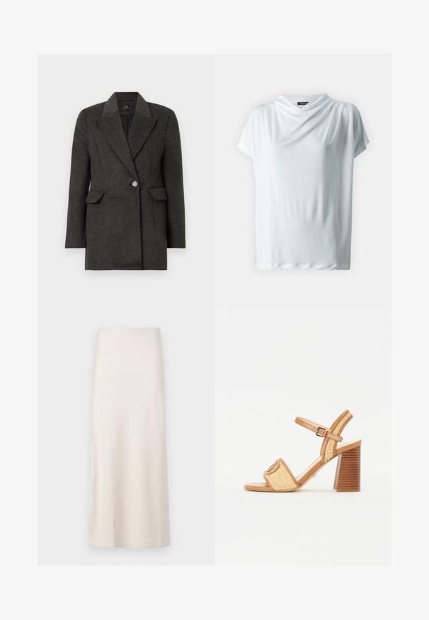 Dark gray single-button blazer with wide lapels and flap pockets, tailored fit, and long sleeves on a plain white background.; White short-sleeve top with a draped neckline, made of lightweight fabric. Smooth texture, relaxed fit, and no visible patterns or accents.; Cream-colored, midi-length skirt with a smooth, satin-like texture and a straight fit. No visible patterns or embellishments.; Brown leather and woven straw heeled sandals, featuring an ankle strap, open toe, and a chunky wood-like heel with horizontal stripes.