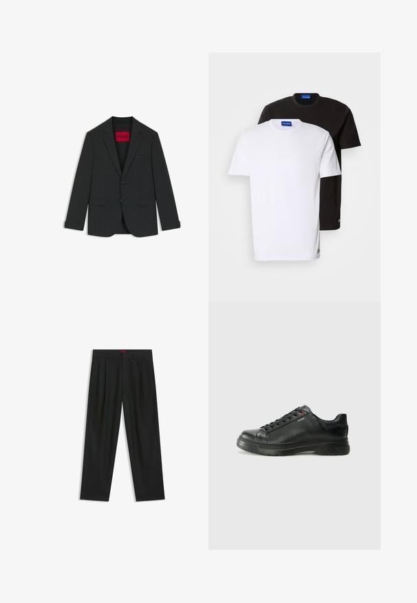 Sort blazer med stikstriber, enkelt knaplukning, notch-lapper, to frontlommer og et rødt HUGO-mærke indeni.; To T-shirts stablet: en hvid og en sort. Korte ærmer, runde halsudskæringer, stof af bomuld. Har et lille blåt logo ved halsudskæringen.; Sorte bukser med plisseret design, bred benform og en glat tekstur. Har et rødt taljetag.; Sorte lædersneakers med tekstureret overdel, polstret krave og rødt logo-detajle. Har en tyk gummisål med tydeligt mønster.