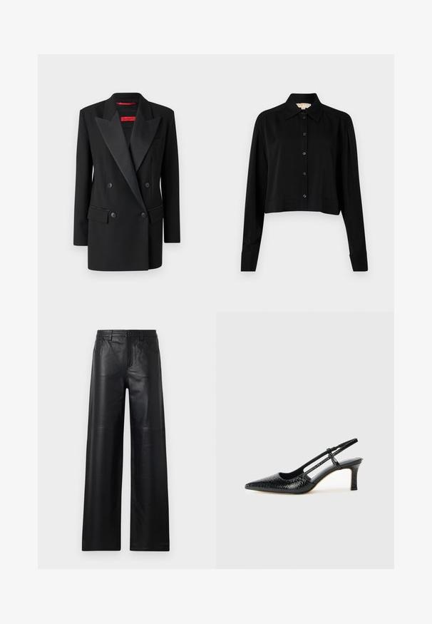Melnā divrindu bleizeris gludā audumā ar satīna šaurām klātnēm, divām priekšējām kabatām un pieguļošu piegriezumu. Sarkanā zīmola birka iekšpusē.; Melnas īsās piedurknes krekls ar garām piedurknēm, smailu apkakli un pogu aizdari. Izgatavots no gludas auduma ar brīvu piegriezumu un piedurkņu apakšām.; Platas kāju melnas ādas bikses ar gludu tekstūru, kurām ir priekšējās kabatas, pogu aizdare un smalki izšuvumi.; Melna patent āda ar slīdošo papēdi un smailo purngalu, ar teksturētu čūsku drukājumu, regulējamu siksniņu un īsu teksturētu blokpapēdi.