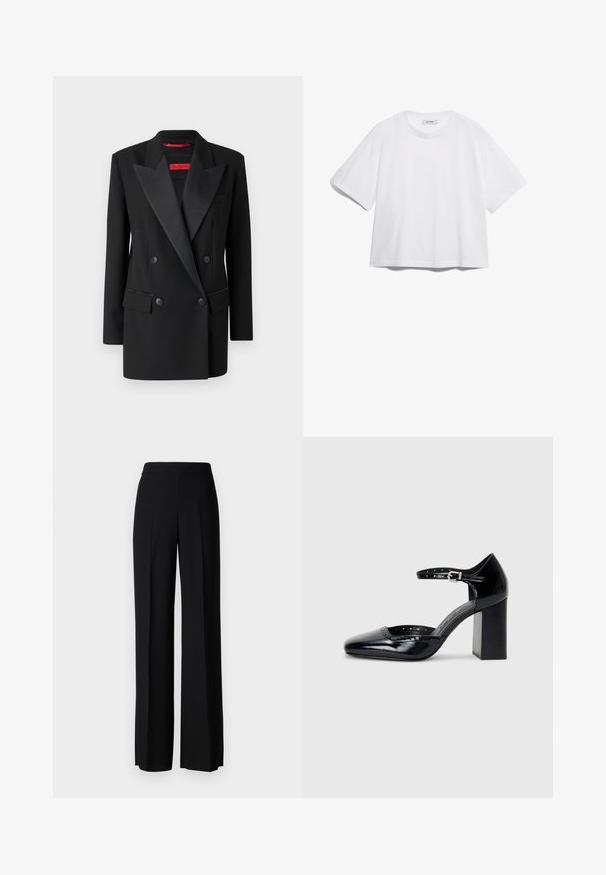 Juodas dvigubai užsegamas švarkas iš lygios medžiagos, su satino piko apykaklėmis, dviem priekinėmis kišenėmis ir pritaikytu siluetu. Raudona prekės etiketė viduje.; Balta medvilninė marškinėliai su trumpomis rankovėmis, apvaliu iškirpimu, laisvu siluetu ir be matomų raštų ar grafikų. Lygus paviršius ir paprastas dizainas.; Juodi platūs kelnių kelnės su lygiu paviršiumi, turinčios aukštą liemenį ir centrinės raukšlės. Nėra matomų raštų ar metalinių detalių.; Juodos lakuotos aukštakulnės bateliai su kvadratine nosimi, kulkšnies dirželiu ir masyviu kulnu. Apima perforuotus detalizavimus aplink kraštą.