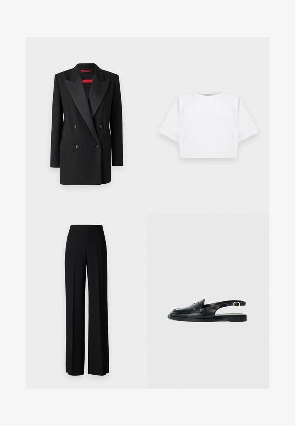 Musta kaksirivinen bleiseri sileästä kankaasta, jossa on satiinista valmistetut huippulaput, kaksi etutaskua ja muotoilu, joka korostaa vartalon rakennetta. Sisällä punainen brändilogo.; Lyhythihainen valkoinen t-paita pehmeää kangasta, jossa on pyöreä pääntie ja ribbireunat. Yksinkertainen ja ilman koristeita oleva malli.; Mustat leveälahkeiset housut, joissa on sileä pinta, korkea vyötärö ja keskiset laskokset. Ei näkyviä kuvioita tai metalliosia.; Musta nahkainen slingback-kengä, jossa on pyöristetty kärki, tasapohja, sivuleikkaus ja kultasävyinen klipsi nauhassa.