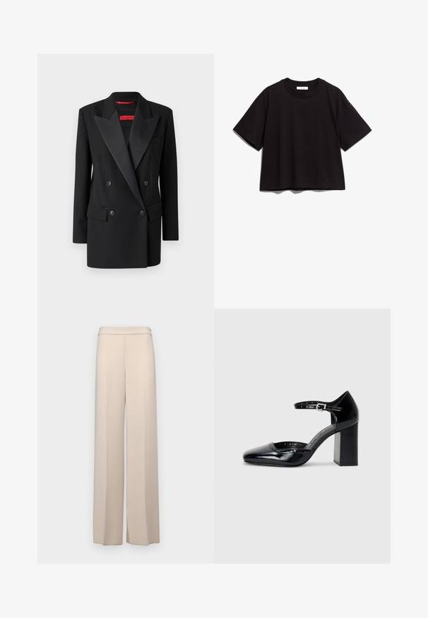 Svart dobbelspent blazer i glatt stoff med satin slag, to frontlommer og en skreddersydd passform. Rød merkeetikett på innsiden.; Svart bomullskortermet t-skjorte med rund hals. Har en avslappet passform og et enkelt, udekorerte design.; Beige vidde benbukser i et glatt stoff, med høyt liv og subtile frontfolder. Ingen lommer eller synlige detaljer i metall.; Sorte lakk lær høye hæler med firkantet tå, ankelrem og chunky hæl. Inkluderer perforerte detaljer langs kanten.
