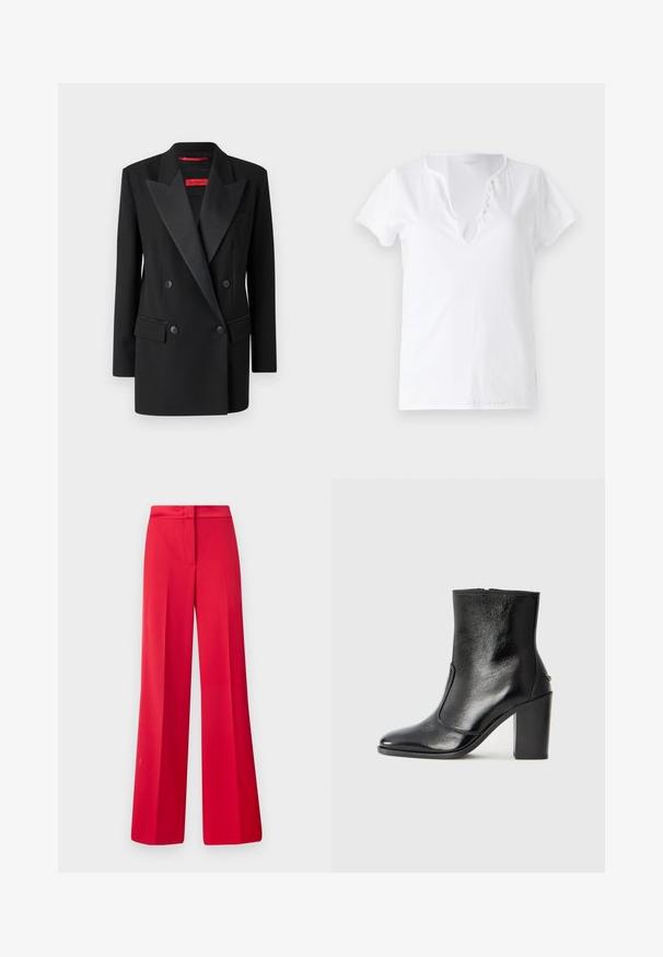 Fekete, dupla gombos zakó sima anyagból, selyem csúcsú hajtókával, két elülső zsebbel és testhezálló fazonnal. Piros márkacímke a bélésben.; Fehér pamut póló rövid ujjakkal, laza szabással és V-nyakkivágással, öt díszgombbal ellátott gombolással.; Piros, bő szárú nadrág sima textúrával, lapos derékkal és strukturált kialakítással, elöl plisszékkel és testhez álló szabással.; Fekete bőr bokacipő sima textúrával, hegyes orral és vastag, magas sarkával. Oldalnyílással és minimalista dizájnnal rendelkezik.