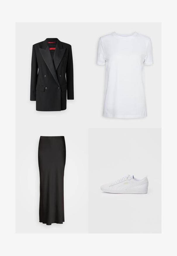 Crni duplobrst blazer od glatkog materijala s satenastim vrhom revera, dva prednja džepa i krojenim izgledom. Crvena etiketa brenda unutar. ; Bijela kratka majica s kratkim rukavima od pamuka. Dizajn s okruglim izrezom, glatke teksture i bez vidljivih uzoraka ili naglasaka. Osnovni stil.; Crna satenska suknja do poda s glatkom teksturom, strukom koja se dobro prilagođava, i A-linijom, bez vidljivih ukrasa ili uzoraka.; Bijele niske Puma tenisice s vezanjem sprijeda, suptilnim brendingom sa strane i na đonu, te glatkim sintetičkim gornjim dijelom za svakodnevno nošenje.