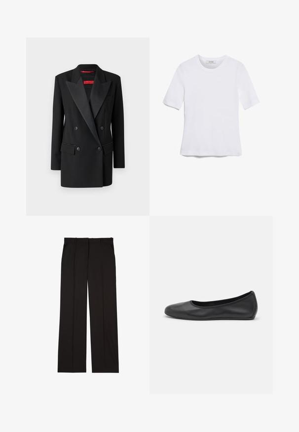 Black double-breasted blazer in smooth fabric with satin peak lapels, two front pockets, and a tailored fit. Red brand label inside.; White short-sleeve t-shirt made of ribbed fabric. Round neckline, regular fit, and subtle stitching details. No patterns or graphics.; Black tailored trousers made of a smooth fabric, featuring a straight-leg design, and two side pockets. Elegant and minimalistic construction.; Black leather ballet flat with a rounded toe, smooth texture, minimal stitching detail, and a flexible sole design.