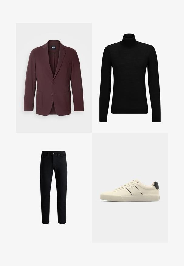 Blazer bordeaux con rever a taglio, due tasche frontali e chiusura a bottoni; realizzato in tessuto liscio per una vestibilità su misura.; Maglione a collo alto nero realizzato in materiale morbido, con maniche lunghe e vestibilità aderente. Bordo a coste all'orlo e ai polsini. Design semplice.; Jeans in denim nero con vestibilità dritta, design a cinque tasche, chiusura con bottone in metallo e cuciture sottili lungo le cuciture.; Sneaker color crema con una texture liscia, caratterizzate da accenti e marchi neri. Design classico con lacci, punta rotonda e suola in gomma.