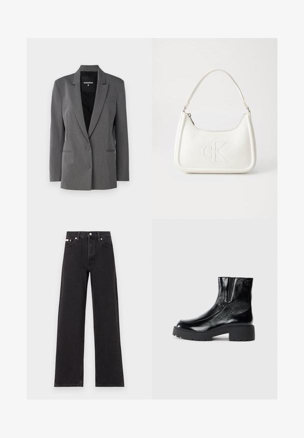 Grijze blazer van gemêleerde stof. Kenmerkt zich door een reverskraag, twee schouderknopen en een enkele borstzak. Gevoerde binnenkant.; Witte korte mouwen t-shirt van katoen met een ronde hals. Soepele textuur en rechte snit, zonder patronen of accenten.; Zwarte wijde spijkerbroeken van denim, met een hoge taille, vijf-pocket stijl en een metalen knoopsluiting met contrasterende stiksels.; Zwarte enkellaarsjes met een glanzende lakleren afwerking, chunky zwarte rubberen zool en verhoogde hak; inclusief subtiele logo-detail aan de zijkant.; Witte lederen handtas met een gebogen vorm, voorzien van een reliëf "CK" logo aan de voorkant en een enkele schouderriem. Ritsluiting aan de bovenkant.