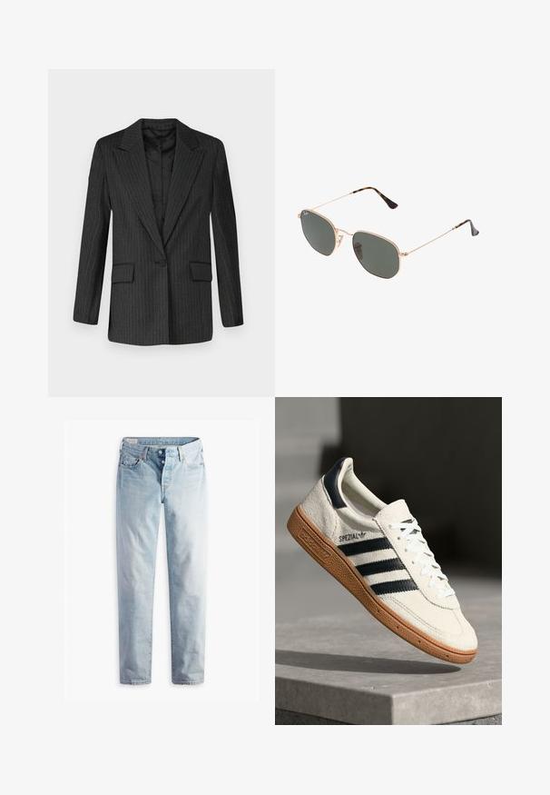 Blazer nero a righe con colletto a punta, chiusura a un bottone, due tasche frontali e foderato liscio. Vestibilità strutturata, design sartoriale.; Maglione grigio con colletto rotondo, maniche lunghe e polsini a coste. Il tessuto sembra morbido con una leggera trama e una vestibilità leggermente ampia.; Jeans in denim blu chiaro con taglio dritto, due tasche frontali e due tasche posteriori. Include una chiusura a due bottoni e cuciture sottili.; Sneaker bianca in suede con strisce blu navy, suola in gomma, parte superiore testurizzata, punta rotonda e lacci; presenta un marchio sul lato e sulla linguetta.; Occhiali da sole con montatura in metallo dorato e lenti verde scuro, stile aviator, con aste sottili e dettagli in tartaruga sulle punte.; Borsa a spalla in suede marrone con una forma curvata, cuciture a contrasto, dettagli in metallo dorato e una tasca frontale con zip.