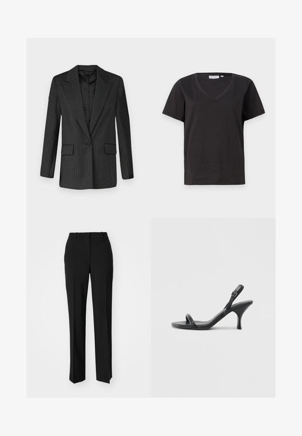 Zwarte gestreepte blazer met een notch kraag, enkele knoopsluiting, twee voorzakken en een gladde voering. Gestructureerde pasvorm, op maat gemaakt ontwerp.; Zwarte katoenen T-shirt met een V-hals en korte mouwen. Eenvoudig ontwerp met een regular fit en zonder patronen of accenten.; Zwarte op maat gemaakte broek met een recht model, voorzien van een soepele textuur en scherpe plooien aan de voorkant. Geen zichtbare hardware.; Zwarte leren sandalen met hoge hakken, een slanke, gebogen hak en een gekruist bandontwerp. Verstelbare enkelband. Soepele textuur.