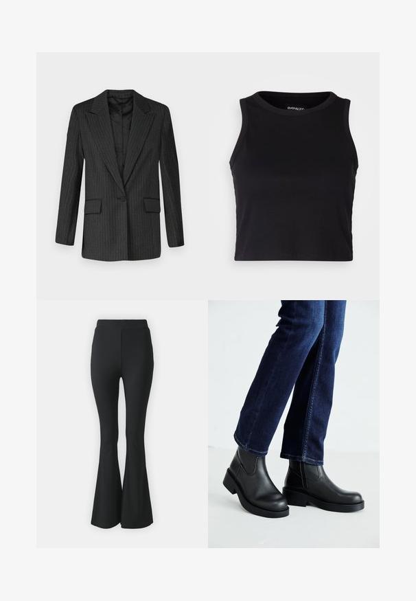 Svart dressjakke med pinstriper, med notched krage, enkel knappelukking, to frontlommer og en glatt fôr. Strukturert passform, skreddersydd design.; Svart ribbet crop tank top med rund halslinning og ermeless design. Laget av myk, elastisk stoff med rene, kantede kanter.; Svarte vide bukser laget av elastisk stoff. Har høy midje og en glatt, tettsittende design som vidder ut fra kneet og nedover.; Sorte lær ankelsko med en kraftig såle og elastiske paneler på siden, kombinert med mørkeblå jeans. Underlaget er lyst.