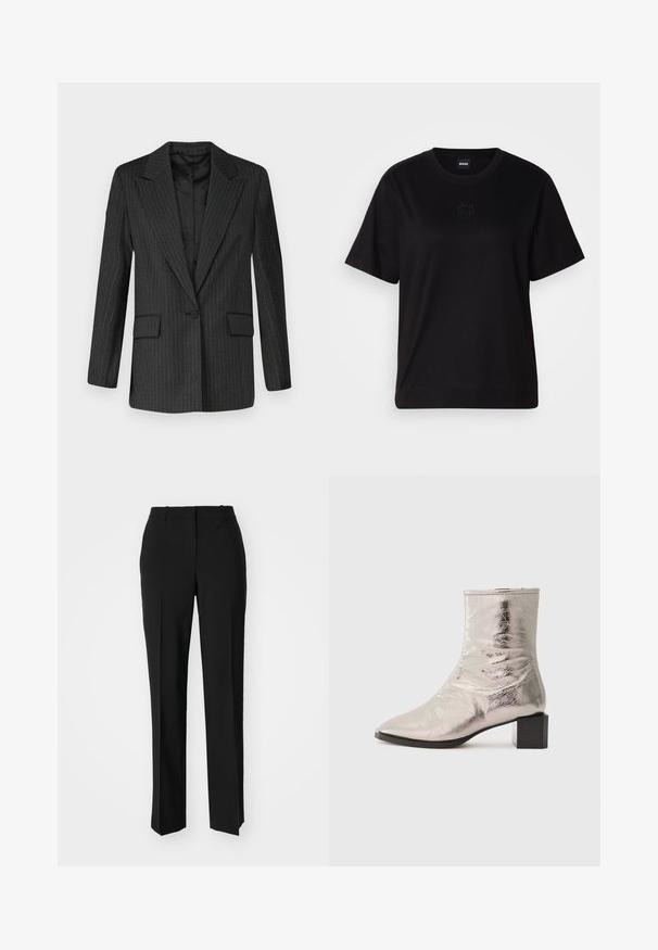 Juodas dryžuotas švarkas su iškirpta apykakle, vienu mygtuku, dviem priekinių kišenėmis ir lygiu pamušalu. Struktūruotas siluetas, pritaikytas dizainas.; Juodas medvilninis marškinėliai su apvalia iškirpte, trumpomis rankovėmis ir siuvinėjimu ant krūtinės. Paprastas, laisvas siluetas be raštų.; Juodi pritaikyti kelnių modeliai su tiesiomis kojomis, pasižyminčios lygiomis tekstūromis ir ryškiomis klostėmis priekyje. Nėra matomų detalių.; Metallic sidabrinės kulkšnės bootai su paduotu pirštu ir blokiniu kulnu. Lygus paviršius, elegantiškas dizainas ir minimalios siuvimo detalės.