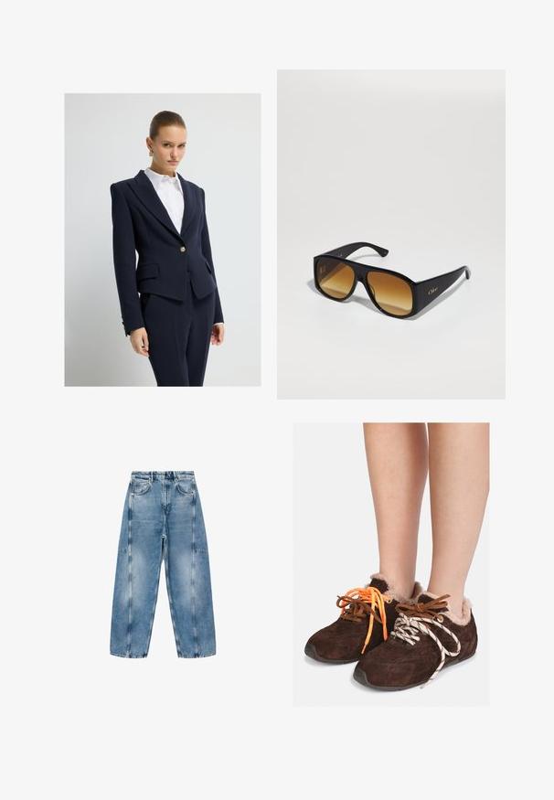 Granatowy marynarka na miarę wykonana z strukturalnej tkaniny, z szpiczastymi klapami, jednym złotym guzikiem zapinającym oraz przednimi kieszeniami. Stylizowana z białą koszulą.; Szary krótkostrzyżony sweter wykonany z miękkiego, puszystego materiału. Posiada długie rękawy i okrągły dekolt, z gładką, lekką teksturą.; Biała koszulka z krótkim rękawem, wykonana z miękkiej bawełny, z okrągłym dekoltem i luźnym krojem z podwiniętymi detalami. Bez wzorów ani akcentów.; Jasnoniebieskie dżinsy charakteryzują się luźnym krojem, dużymi kieszeniami i kontrastowym przeszyciem. Materiał ma wyblakłe wykończenie o gładkiej teksturze.; Brązowe zamszowe buty wsuwane z futrzanym wykończeniem noszone na gołych stopach, z niedopasowanymi sznurówkami: jedna pomarańczowa i jedna biała w czarne paski.; Czarne prostokątne okulary przeciwsłoneczne z brązowymi gradientowymi soczewkami. Wykonane z tworzywa sztucznego, z gładką powierzchnią i subtelnym złotym logo na zausznicy.
