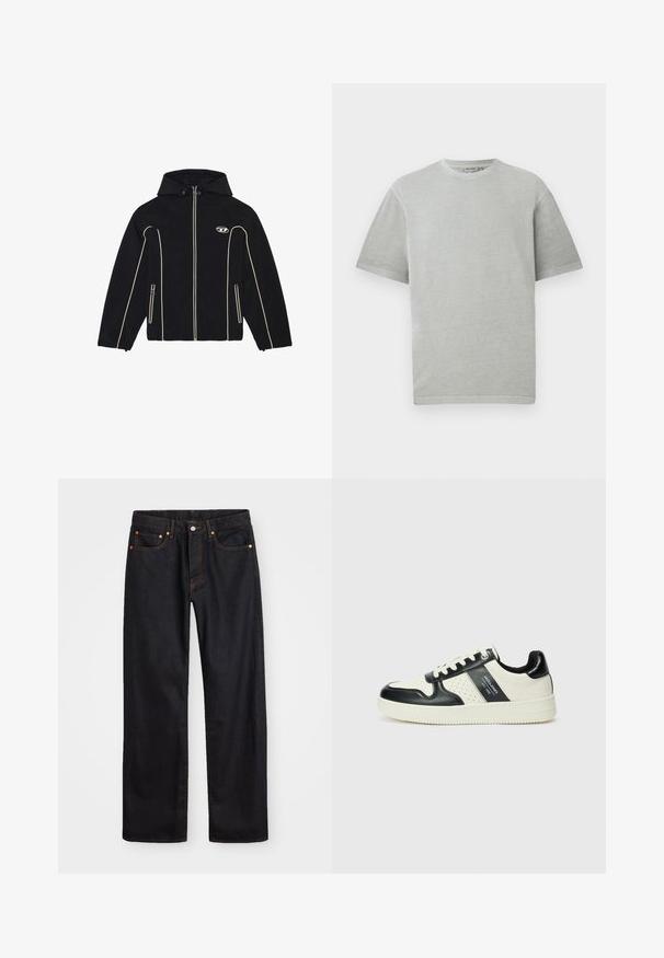 Casaco preto com capuz, com detalhes brancos e fechos, feito de um tecido suave. Inclui um logótipo no peito e dois bolsos laterais.; T-shirt cinza claro com mangas curtas e decote redondo, exibido num fundo branco liso.; Calças de ganga pretas para homem, de pernas retas, com cinco bolsos e costura laranja, fecho de botão e zíper na cintura da frente.; Ténis de couro com um esquema de cores em preto e creme, apresentando detalhes perfurados, um colarinho acolchoado e uma sola texturizada.
