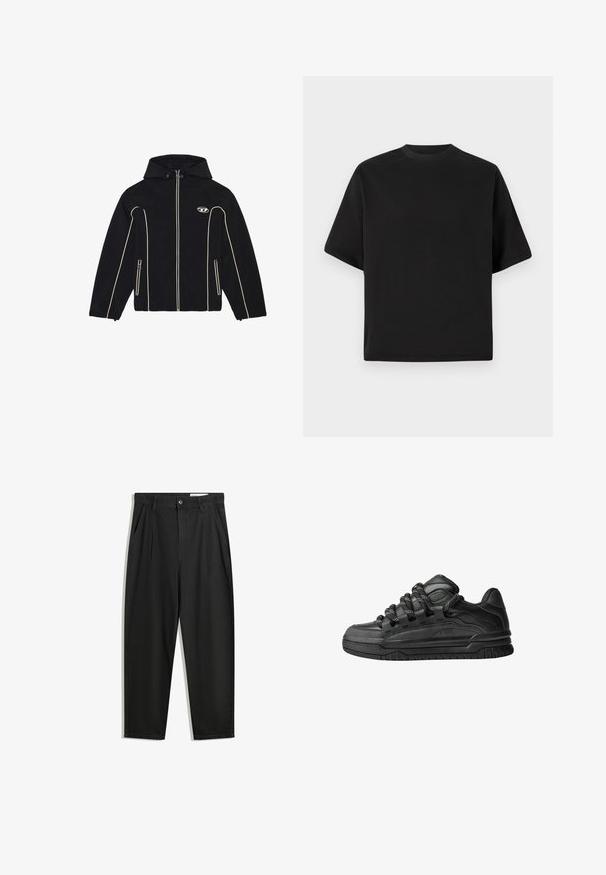 Čierna bunda s kapucňou, so svetlými akcentmi a zipsami, vyrobená z hladkej látky. Obsahuje logo na hrudi a dve bočné vrecká.; Čierne krátke tričko s krátkym rukávom v voľnom strihu, vyrobené z hladkej bavlny, s okrúhlym výstrihom a minimalistickým dizajnom.; Čierne bavlnené nohavice s voľným strihom, s klasickým pásom, prednými záhybmi a bočnými vreckami. Hladká textúra bez vzorov.; Čierne tenisky s hladkým koženým zvrškom, štruktúrovanými akcentami a okrúhlymi čierno-bielymi šnúrkami. Hrubá gumená podrážka s vzorovaným dezénom.