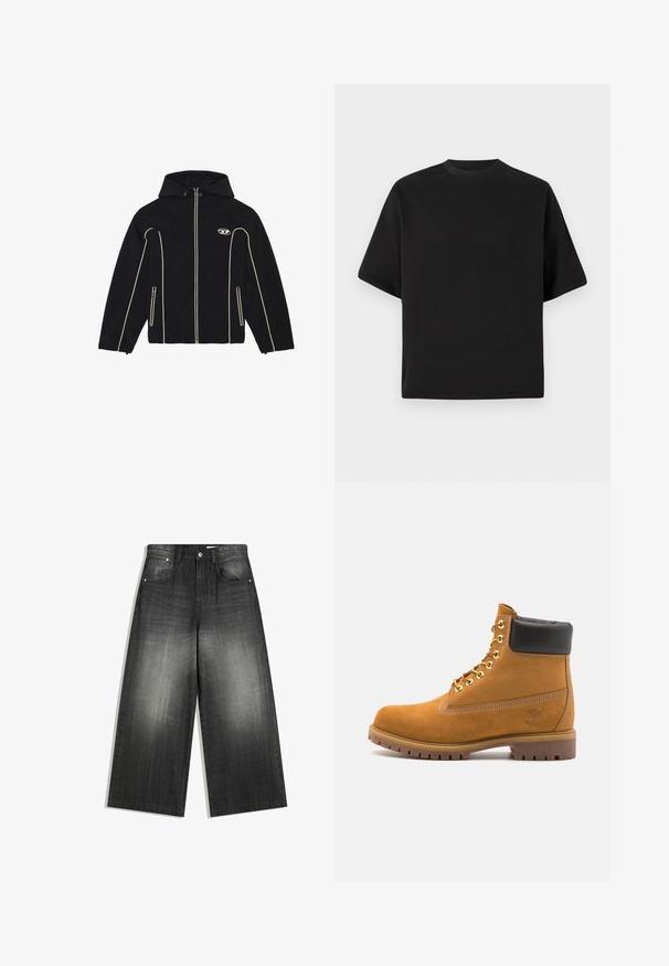 Svart jacka med huva, som har vita detaljer och dragkedjor, tillverkad av slät tyg. Inkluderar en logotyp på bröstet och två sidofickor.; Svart kortärmad T-shirt i lös passform, tillverkad av mjuk bomull, med rund halsringning och minimalistisk design.; Breda jeans i bleknad svart, med en klassisk femfickorsdesign och en lätt strukturerad yta. Metallkomponenter som accent.; Tan mockasins ankelstövlar med svart vadderad krage, guldmetallöglor, vit sömdekor och slitstöt gummisula med utmärkta mönster.