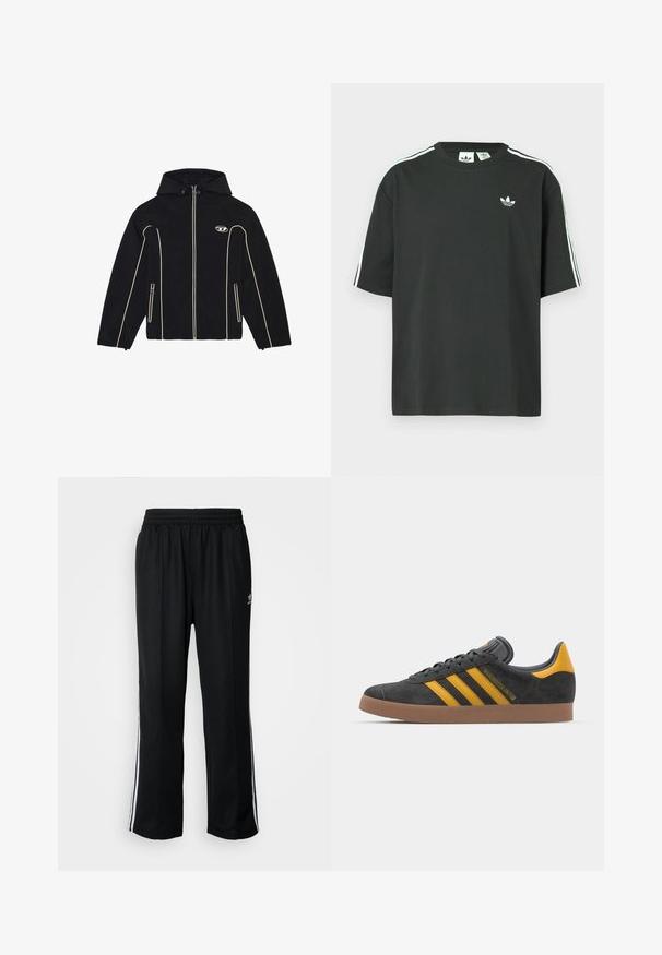 Crna jakna s kapuljačom, sa bijelim detaljima i patentnim zatvaračima, napravljena od glatke tkanine. Sadrži logo na prsima i dva bočna džepa.; Crna pamučna majica kratkih rukava, s okruglim izrezom i bijelim detaljima u obliku triju pruga na ramenima. Na prsima se nalazi mali bijeli logotip.; Crne sportske hlače s elastičnom trakom oko struka, s bijelim bočnim prugama i malim logotipom. Materijal izgleda mekan i lagan.; Crne nubuk tenisice s žutim detaljima, sa tri pruge i smešnim gumenim potplatom. Imaju jastučić na jeziku za udobnost.