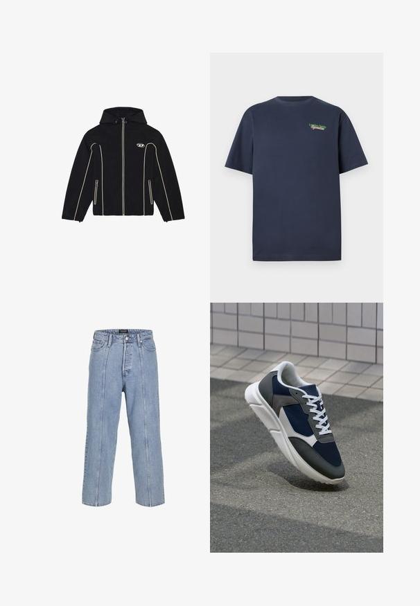 Črna jakna s kapuco, ki ima bele detajle in zadrge, izdelana iz gladkega materiala. Vključuje logo na prsih in dve stranski žep.; Temno modra kratka majica iz bombaža z izvezenim napisom "London Fields Superstore" v zeleni in rdeči barvi na zgornjem levem prsnem delu.; Svetlo modri kavbojasti hlače ohlapnega kroja s širokimi nogavicami in vidnimi šivi. Imajo gumb in zadrgo ter pet žepov.; Superge z zgornjim delom iz mrežaste tkanine v mornarsko modri barvi, sivi usnjeni poudarki, belo gumijasto podplato in ravnimi belimi vezalkami, zasnovane za udobje in zračnost.