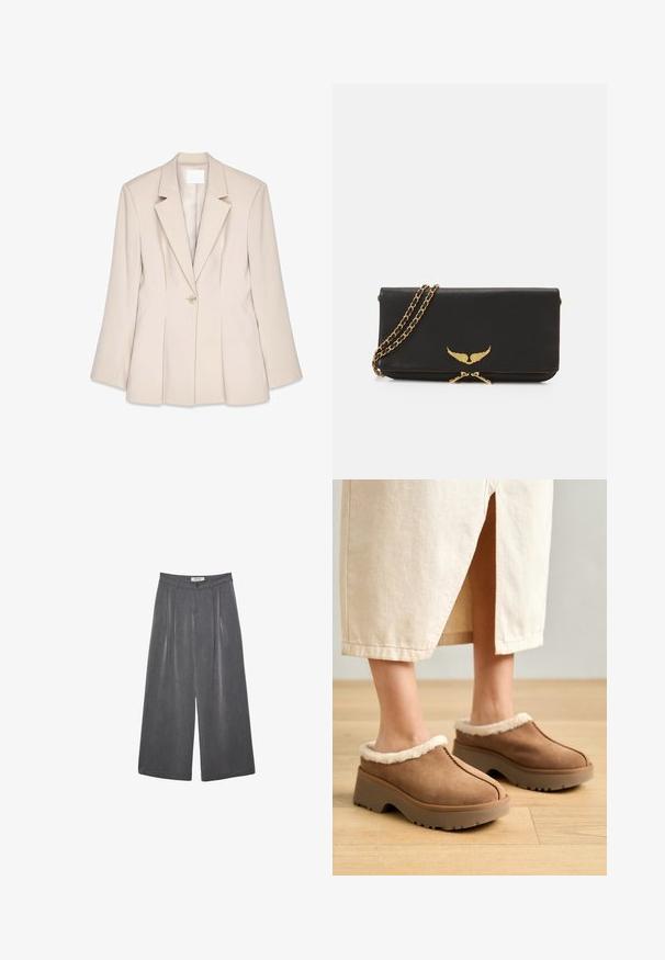 Beżowa marynarka z wyraźnymi ramionami, zapięciem na pojedynczy guzik i zakładkami z przodu. Gładki materiał i dopasowany krój.; Biała bluzka z długim rękawem, klasycznym kołnierzykiem, zapięciem na guziki z przodu i marszczeniem po bokach. Gładki materiał o dopasowanym kroju.; Plisowane spodnie o szerokich nogawkach w ciemnoszarym materiale z subtelną teksturą. Posiadają zapięcie na guzik oraz klasyczny krój pasa.; Brązowe zamszowe klapki z puszystym, kremowym wykończeniem, okrągłym noskiem i podwyższoną gumową podeszwą. Posiadają widoczne szwy na górnej części.; Czarna skórzana kopertówka z złotym skrzydlatym logo, łańcuszkowym paskiem i zapięciem na zamek. Teksturowana powierzchnia i prosty prostokątny design.