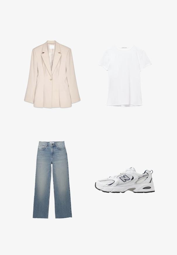 Bež blejzer s strukturiranimi rameni, z enim gumbom spredaj in sprednjimi naborki. Gladka tkanina in prileganje kroja.; Bela kratka majica s kratkimi rokavi iz gladkega materiala, ki ima okroglo ovratnico in subtilne šive na robu.; Svetlo modri široki jeans iz denima, ki imajo visok pas, sprednje žepke in gumbasto zapiranje. Gladka tekstura s poudarjenimi zbledelimi deli.; Bele športne copate z mrežasto zgornjimi deli, mornarskimi naglasnimi barvami in oblazinjeno podplatom. Vključujejo logotip "N", vezalke in teksturirane detajle na strani.