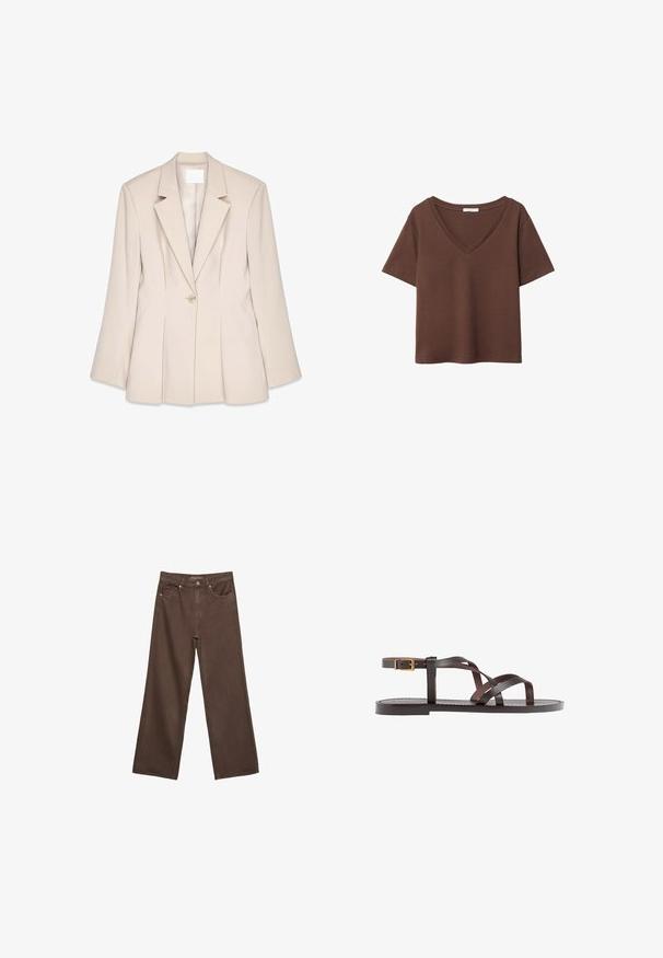 Beige bleiseri, jossa on jämäkät olkapäät, yksi nappisulku ja etupuolelle ommellut laskokset. Silkkinen kangas ja muotoiltu istuvuus.; Ruskea puuvillapaita, jossa on lyhyet hihat ja syvä V-kaula-aukko. Yksinkertainen muotoilu, pehmeä rakenne ja suora helma. Ei kuvioita tai yksityiskohtia.; Leviittävät ruskeat farkut, jotka on valmistettu denimistä, korkea vyötärö, etutaskut ja klassinen nappikiinnitys. Silkkinen pinta hienovaraisella ompelutyöllä.; Ruske kožne sandale s križnim trakama, zatvaranjem na kopču oko gležnja i ravnim potplatom s minimalnim detaljima šivanja.