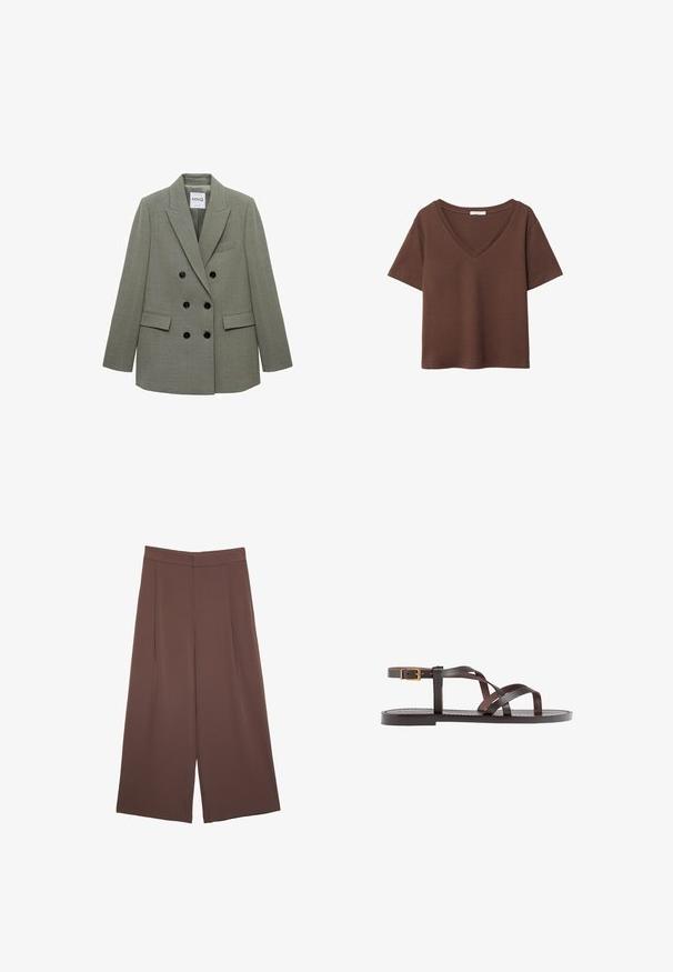 Mango Blejzr - grey; Hnědý bavlněný tričko s krátkými rukávy a hlubokým V-výstřihem. Jednoduchý design, měkká textura a rovný lem. Žádné vzory ani akcenty.; Hnědé široké kalhoty s hladkou texturou, vysokým pasem a předními záhyby. Materiál je lehký a volně splývá.; Hnědé kožené sandály s kříženými pásky, uzavřením na přezku u kotníku a plochou podrážkou s minimem švů.