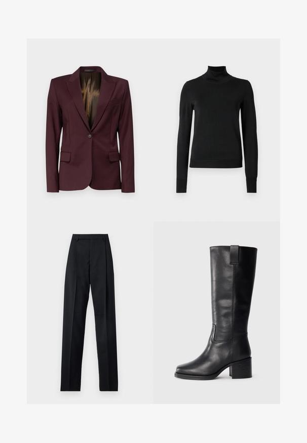 Filippa K SASHA COOL - Bleizeris - burgundy; Juoda ilgomis rankovėmis turtleneko tipo megztinis su rebruotomis rankovėmis ir apačia, eksponuojamas ant paprasto balto fono.; Juodos kelnės iš lygaus audinio, pasižyminčios aukštu liemeniu, plačiomis kojomis, priekinėmis klostėmis ir klasikiais diržo kilpomis. Šoninių kišenių nematyti.; Juodos odinės iki kelių siekiančios botai su lygiu paviršiumi, kvadratiniu pirštu, storu kulnu ir šoniniu kilputė, su minimaliais siuvimo akcentais.