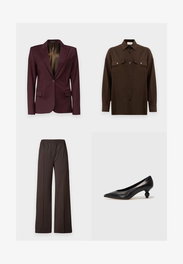 Filippa K SASHA COOL - Blazer - burgundy; Mörkbrun långärmad skjorta med knappar, två fällbara bröstfickor och klassisk krage, visad mot en enkel vit bakgrund.; Vidbyxorna i mörkbrunt tyg har ett elastiskt midjeband och en slät yta med rena linjer för en skräddarsydd look.; Svart läderhögklackad sko med spetsig tå och rund, bollformad klack. Slät yta med en elegant, minimalistisk design.