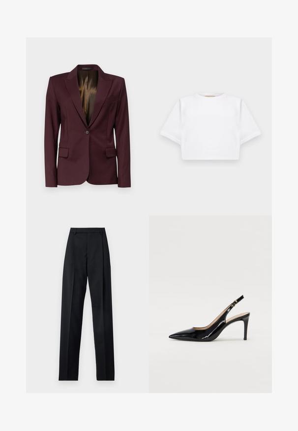 Filippa K SASHA COOL - Suknjič - burgundy; Kratka bela majica iz mehkega materiala, s kratkimi rokavi, okroglega izreza in rebrastimi robovi. Preprost in neokrašen dizajn.; Črne hlače iz gladkega materiala, ki imajo visok pas, široke noge, sprednje nabore in klasične zanke za pas. Nevidni stranski žepi.; Črne lakirane slingback čevlje z izostrenim nosom, ozkim peto in subtilnim izrezom. Na traku je zlata sponka.