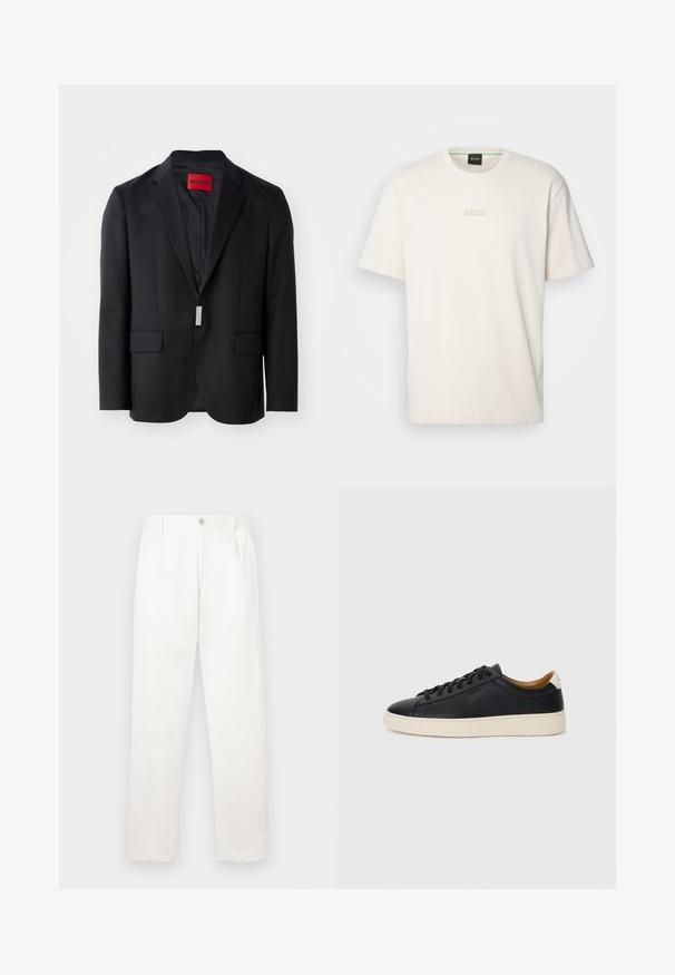 Svart blazer med spiss krage, to frontlommer og enkel innside. Har en rød etikett med "HUGO" på innsiden. Skreddersydd design.; BOSS TEE - T-shirts - open white; Hvite bukser laget av glatt stoff, med rett ben-design, frontfolder og en enkelt knappelukking i livet.; Sorte skinnesneakers med en jevn tekstur, beige gummisåle, lisser og en kontrasterende hæl aksent.