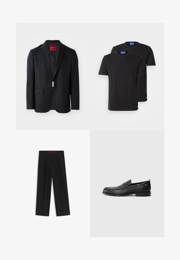 Musta bleiseri, jossa on lovettu kaulus, kaksi etutaskua ja yksinkertainen vuori. Sisällä punainen etiketti, jossa lukee "HUGO". Räätälöity muotoilu.; Kaksi mustaa puuvillapaitaa, joissa on pyöreät kaula-aukot, lyhyet hihat ja siniset "HUGO" -tarrat kaula-aukossa ja sivusaumassa.; Musta leveälahkeinen housu, jossa on litteä etuosa, kaksi sivupistettä, laskostettu muotoilu ja kontrastivärinen punainen vyötärön sisäosa.; Musta nahkakengät, joissa on teksturoitu etupaneeli ja sileät sivut. Varustettu kapealla kantapäillä ja takasilmukalla helppoa pukemista varten. Klassinen muotoilu.