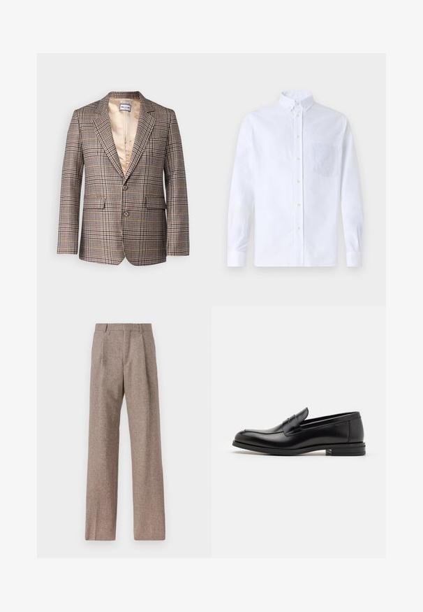 Rutet blazer i brune, beige og røde nuancer. Har et spids revers, to frontlommer og en satinforing indeni.; Hvid langærmet skjorte med knapper lavet af bomuld, med en brystlomme med tonal broderi, krave og knapmanchetter.; Brune, højtaljede bukser lavet af tekstureret stof. Har brede ben og to frontfoldninger for struktur. Pæn finish uden synlig hardware.; Sorte læderloafers med en glat overflade, rund tå og en dekorativ strop over vampen. Lav hæl med stabeldesign, minimalistisk stil.