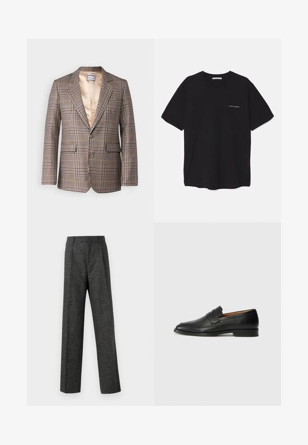 Ruda, béžinė ir raudona langinė striukė. Su įpjautu apykakle, dviem priekinėmis kišenėmis ir satino pamušalu.; Juoda medvilninė marškinėlė su apykakle, trumpomis rankovėmis ir baltu logotipu kairėje krūtinės pusėje. Paprastas, vientisas spalvų dizainas.; Pilki pritaikyti kelnių modeliai, pagaminti iš tekstūruotos medžiagos, su dviem priekiniais klostėmis ir tiesiogine kojų forma. Nėra matomų kišenių ar puošybų.; Juodas odinis loaferis su apvaliu nosiu, subtiliomis siuvimo detalėmis ir žemu kulnu, pasižymintis lygia tekstūra ir minimalistiniu dizainu.