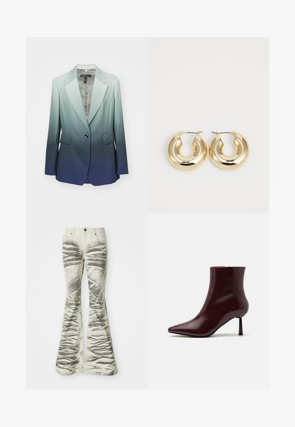 Ombre blazer transitioning from light green to dark blue, made of smooth fabric, featuring a single button, two front pockets, and lapels.; White halter top featuring a lace trim along the neckline, soft fabric, and lightly padded cups with a fitted, smooth silhouette.; Light-colored flared jeans with textured black horizontal stripes and wrinkled detailing, featuring front pockets and metal button closure.; Burgundy patent leather ankle boot with a pointed toe and a slim stiletto heel, featuring a smooth, glossy texture and minimalistic design.; Gold hoop earrings with a smooth, rounded design and a shiny finish, featuring a clasp for securing. Engraved with "DKNY."
